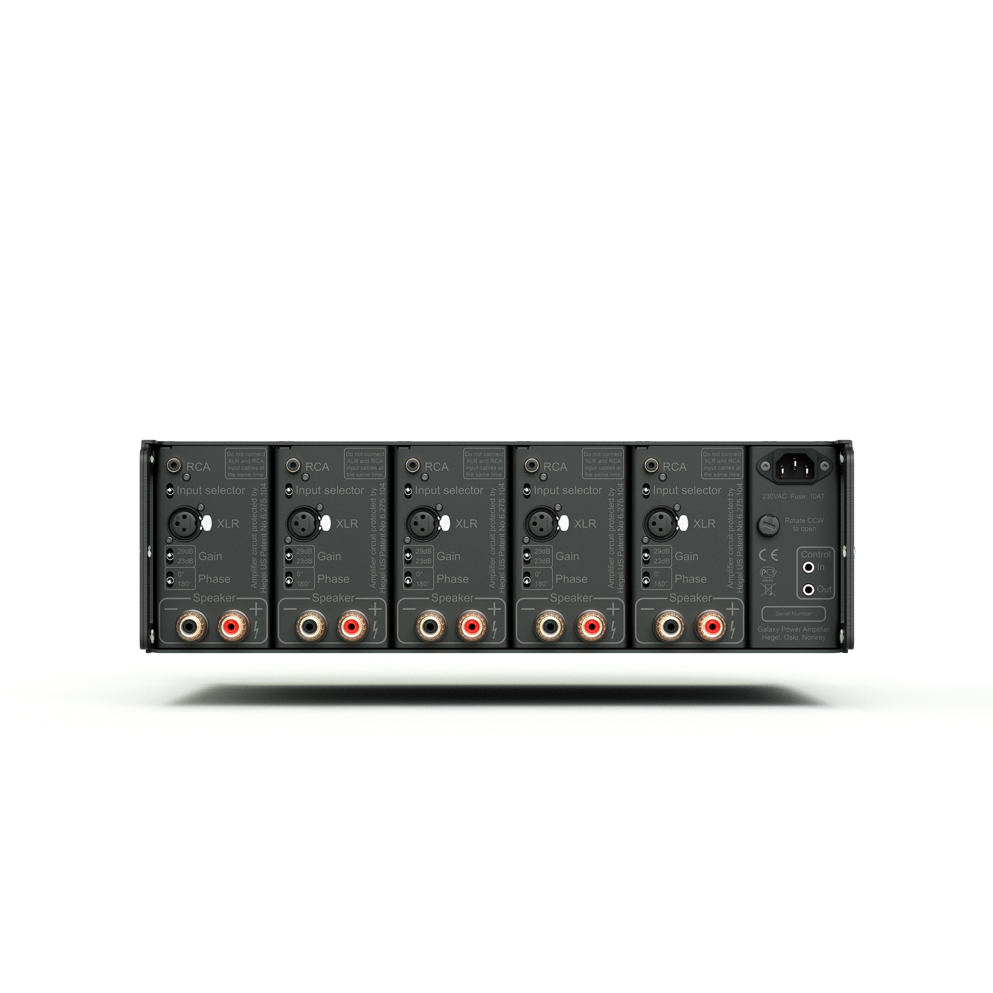 Back panel of Hegel C55 amplifier with XLR and RCA connectors on a white background