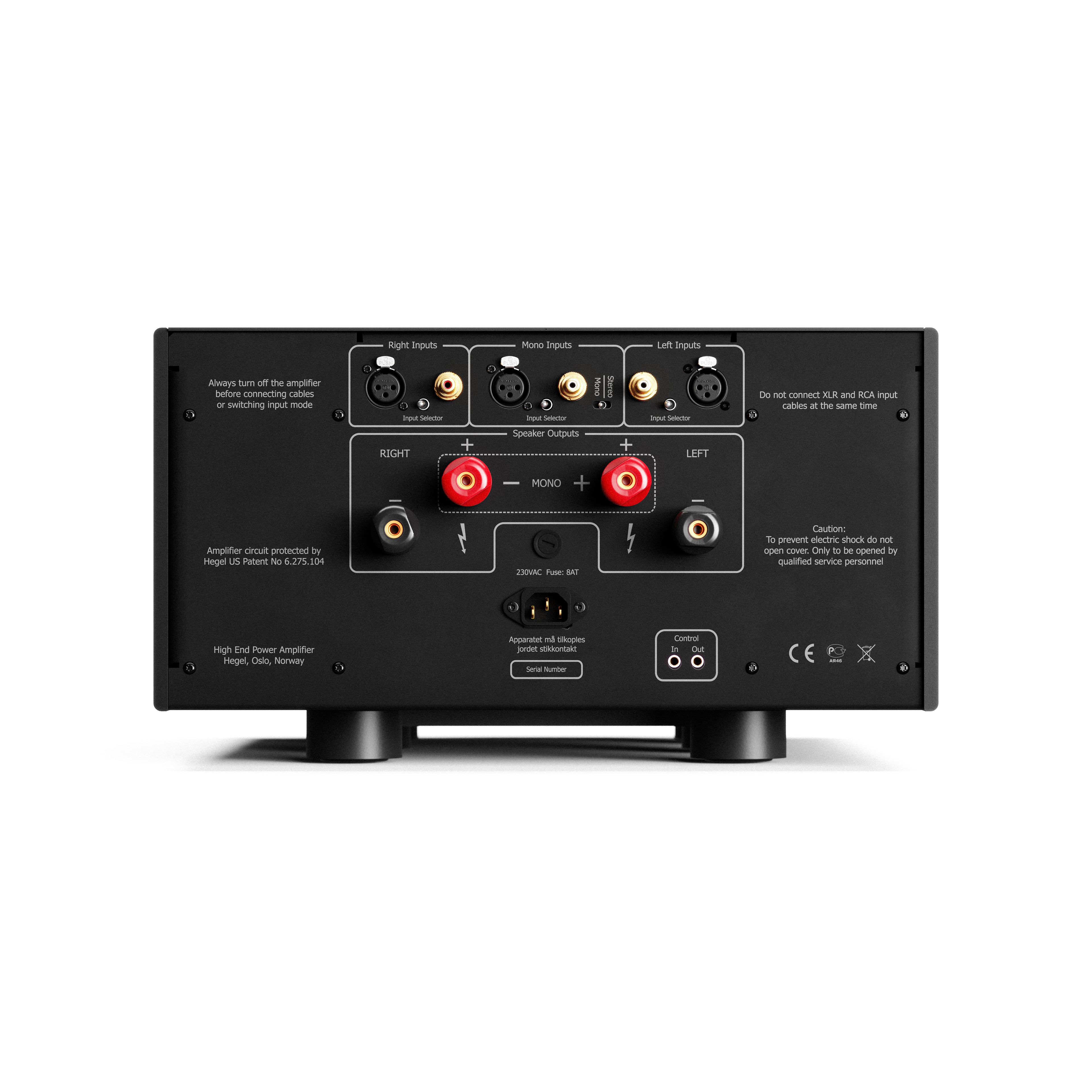 Back view of a Hegel H30A Amplifier with XLR and RCA connectors on a white background