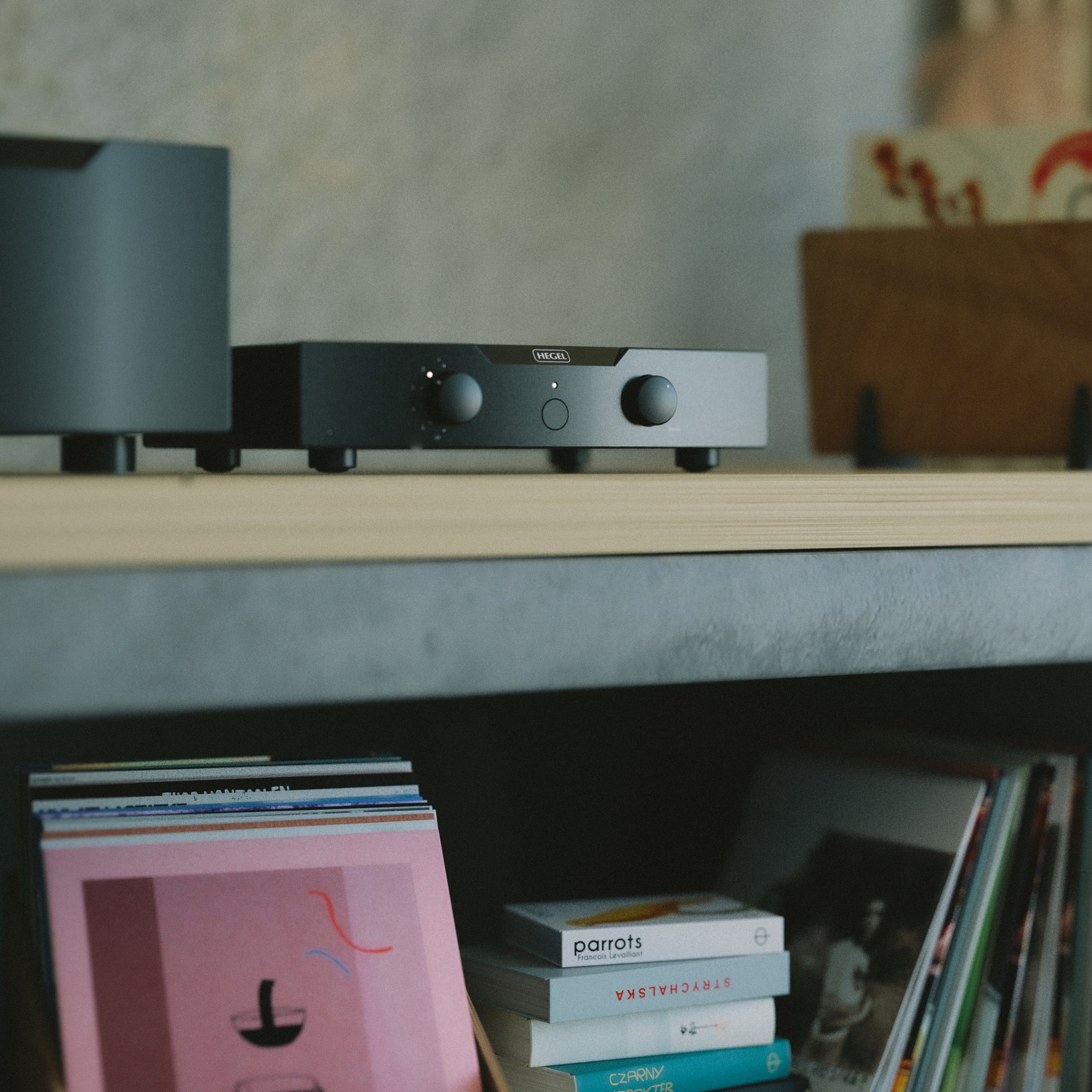 Black Hegel P30 Preamplifier on a shelf with books and records below