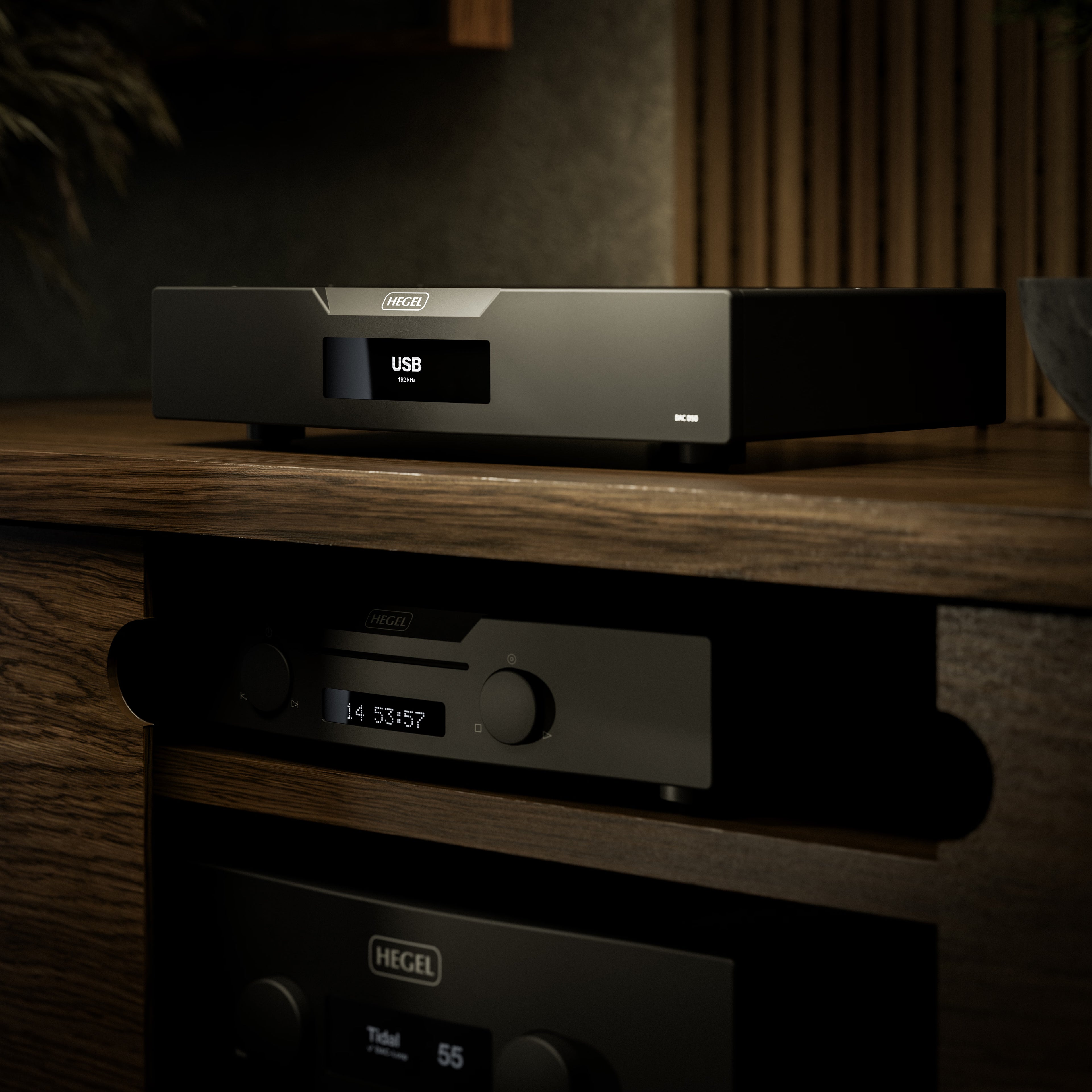 Hegel D50 DAC on a wooden shelf with a dark background