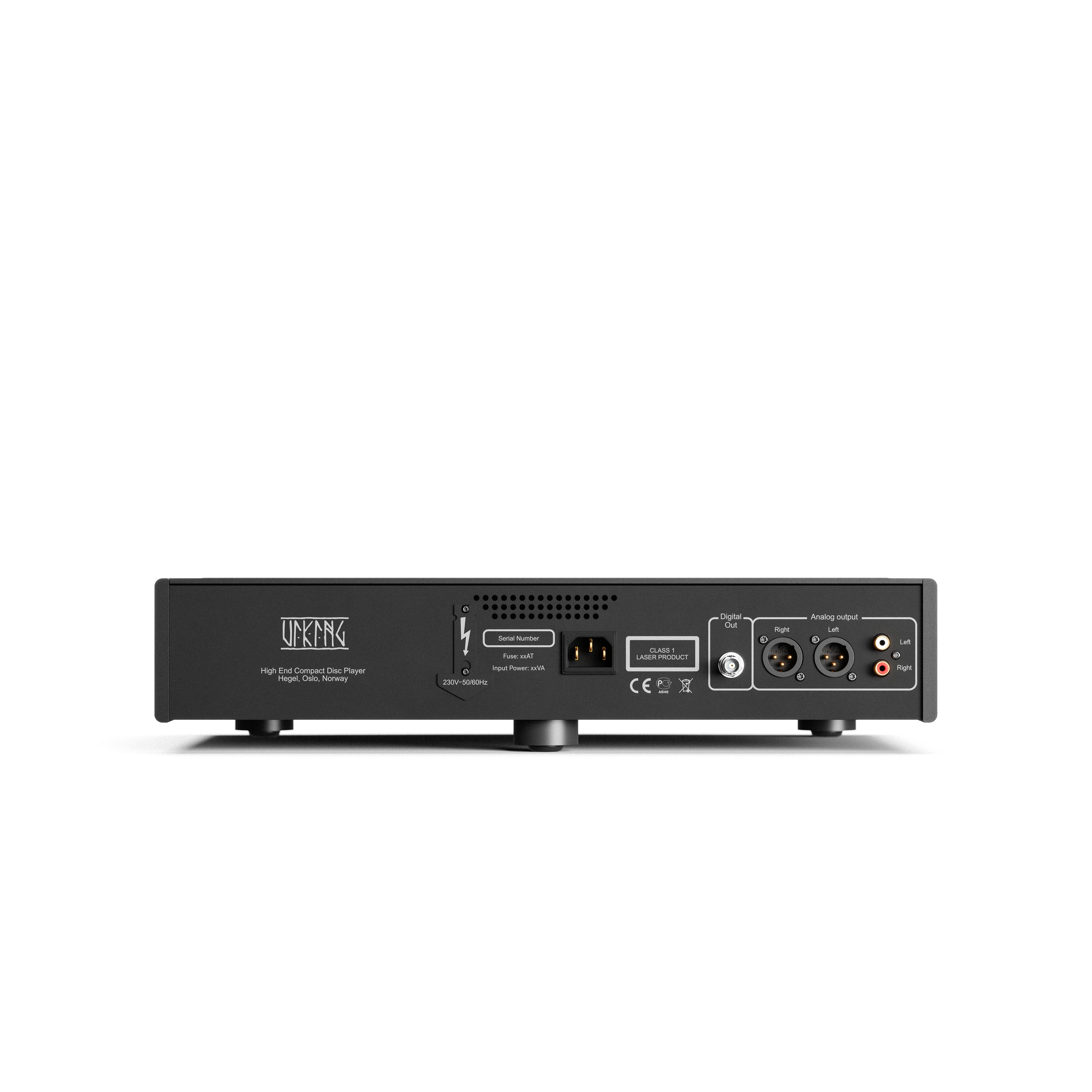 Back view of a black Hegel Viking CD Player unit on a white background