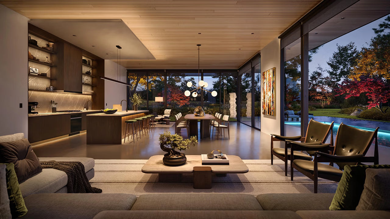 Modern indoor outdoor living room with a view of a pool and garden at night.
