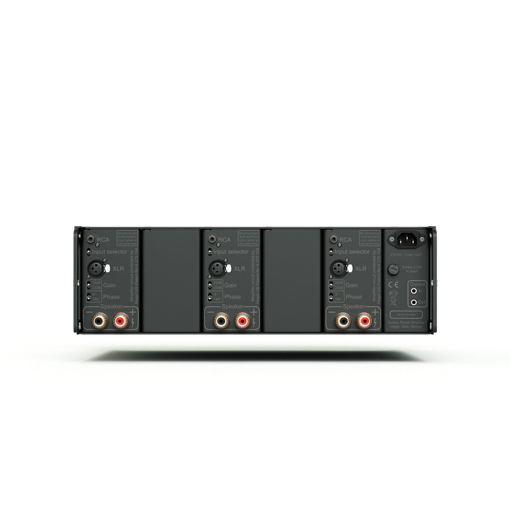 Back panel of Hegel C53 amplifier with XLR and RCA connectors on a white background