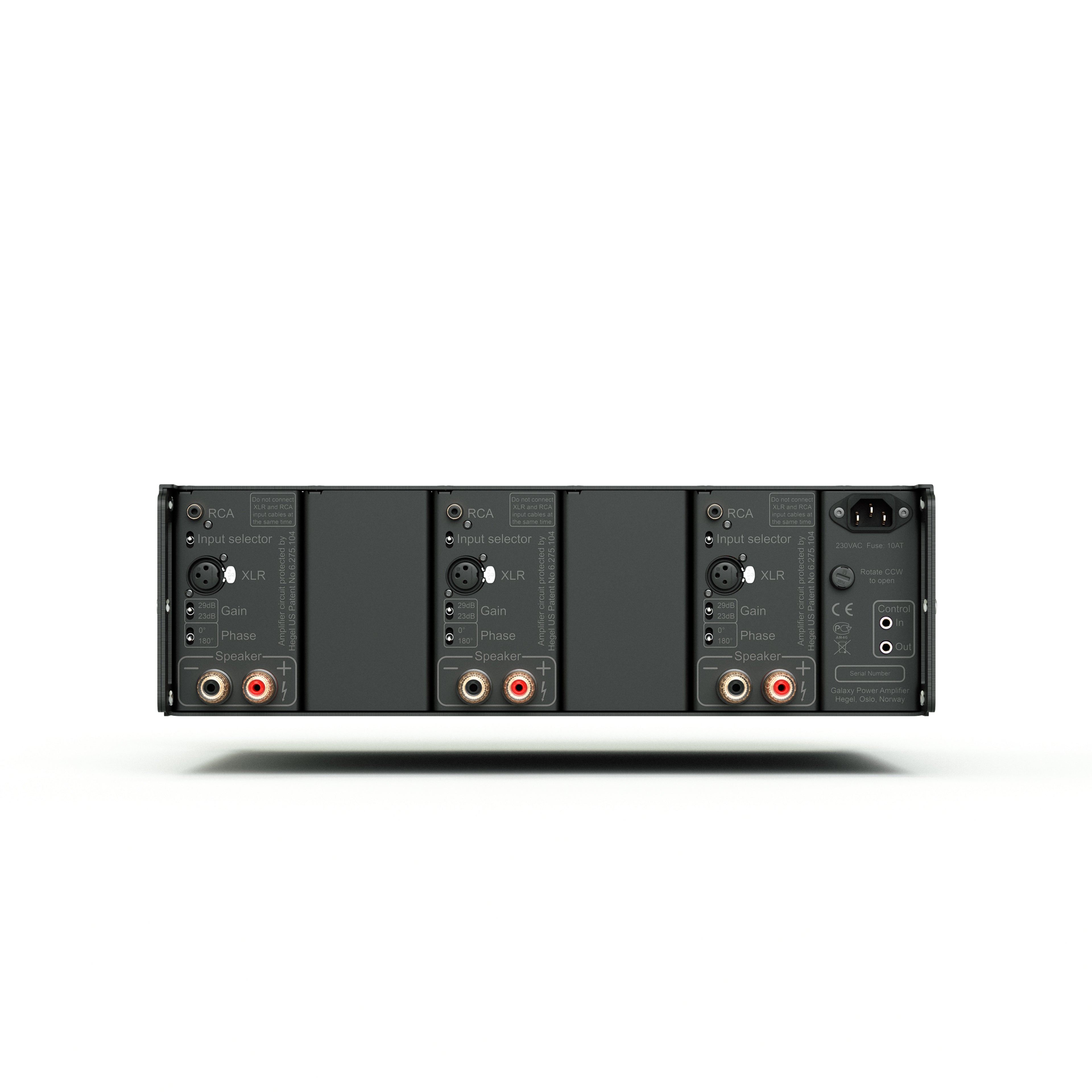Back panel of Hegel C53 amplifier with XLR and RCA connectors on a white background
