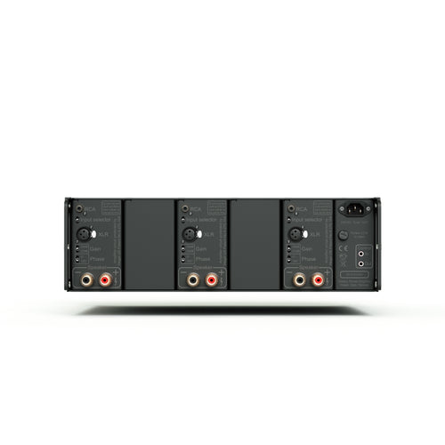 Back panel of Hegel C53 amplifier with XLR and RCA connectors on a white background