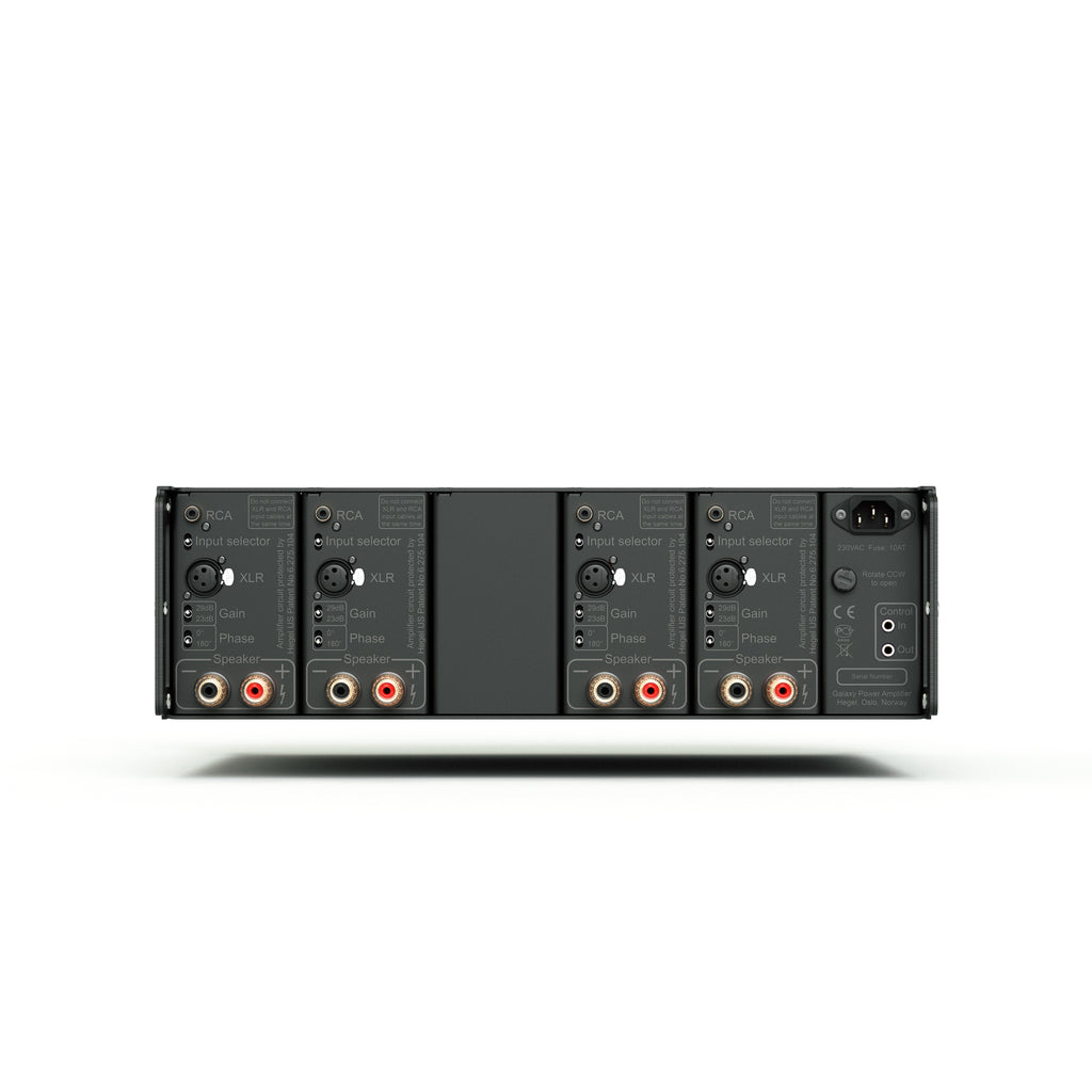 Back panel of Hegel C54 amplifier with XLR and RCA connectors on a white background