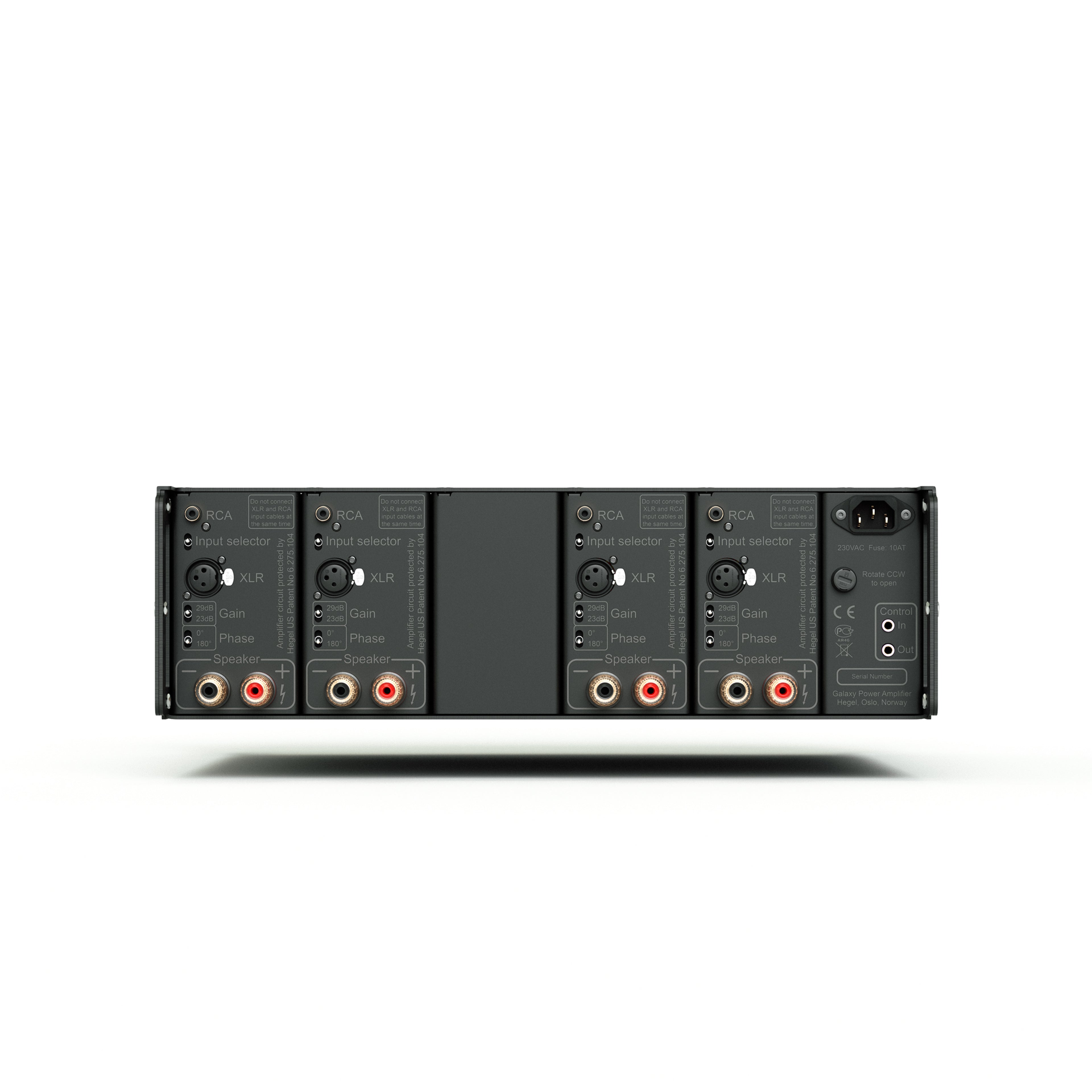 Back panel of Hegel C54 amplifier with XLR and RCA connectors on a white background