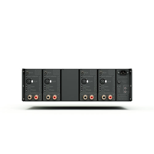 Back panel of Hegel C54 amplifier with XLR and RCA connectors on a white background