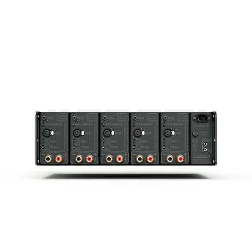 Back panel of Hegel C55 amplifier with XLR and RCA connectors on a white background