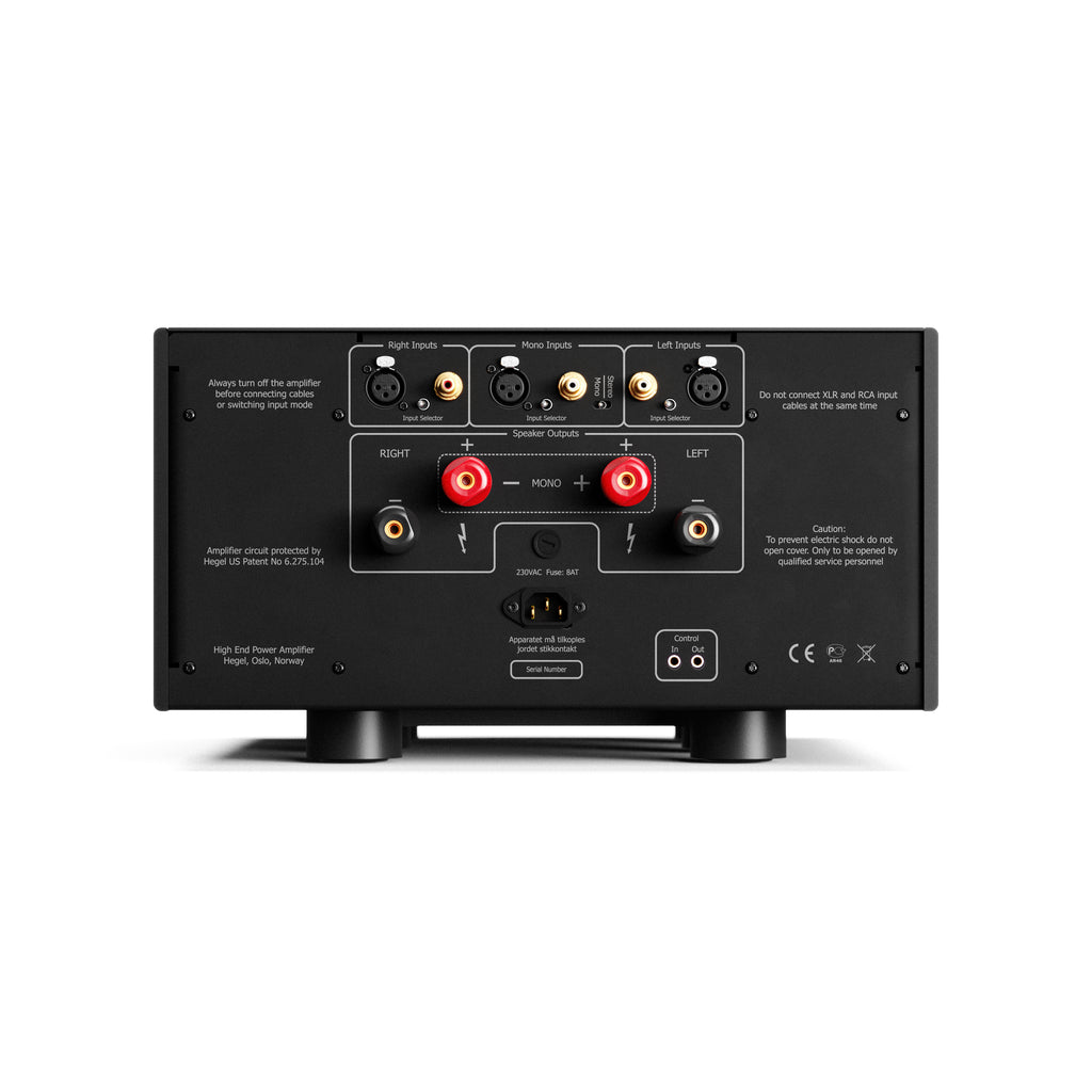 Back view of a Hegel H30A Amplifier with XLR and RCA connectors on a white background