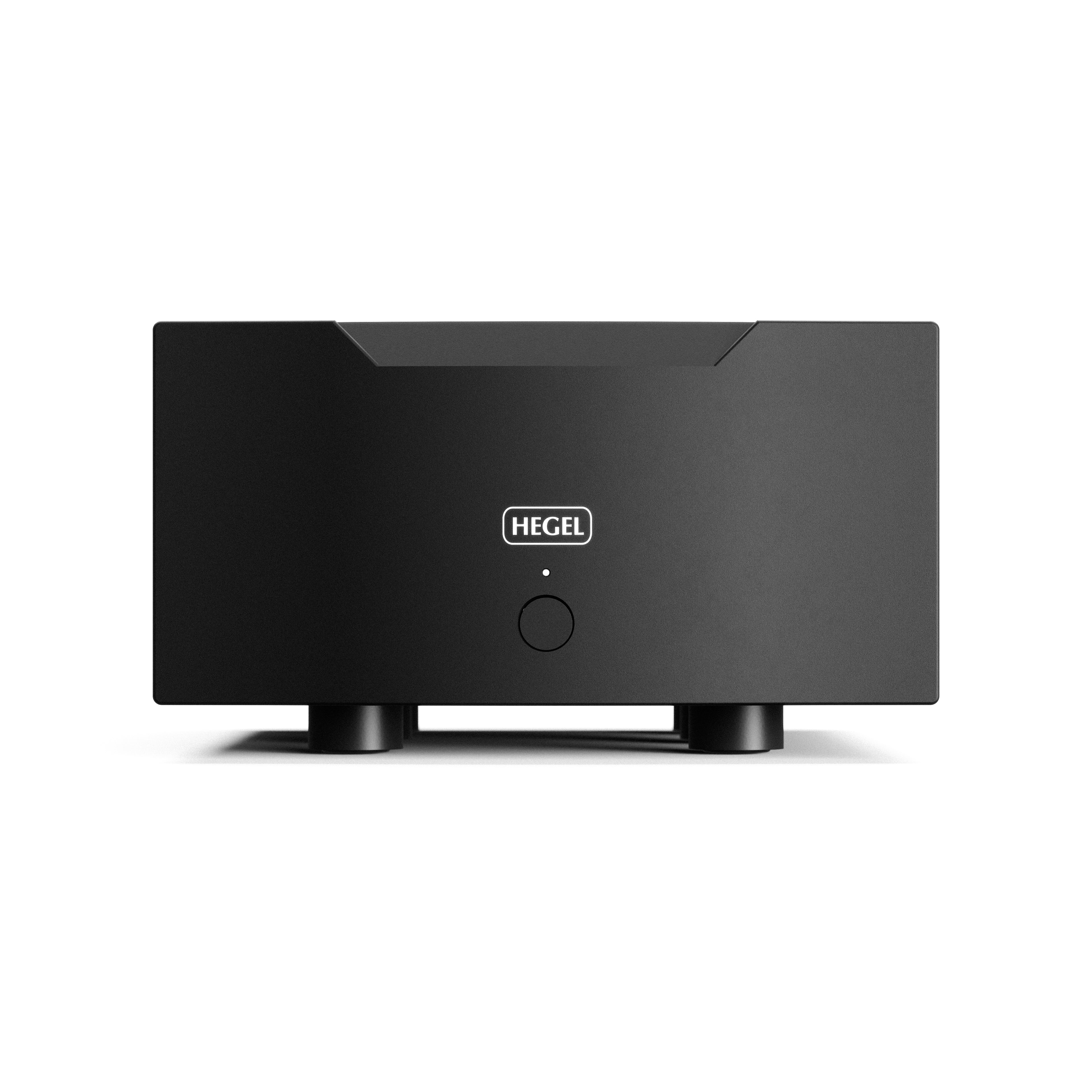 Black Hegel H30A amplifier with Hegel logo on a white background