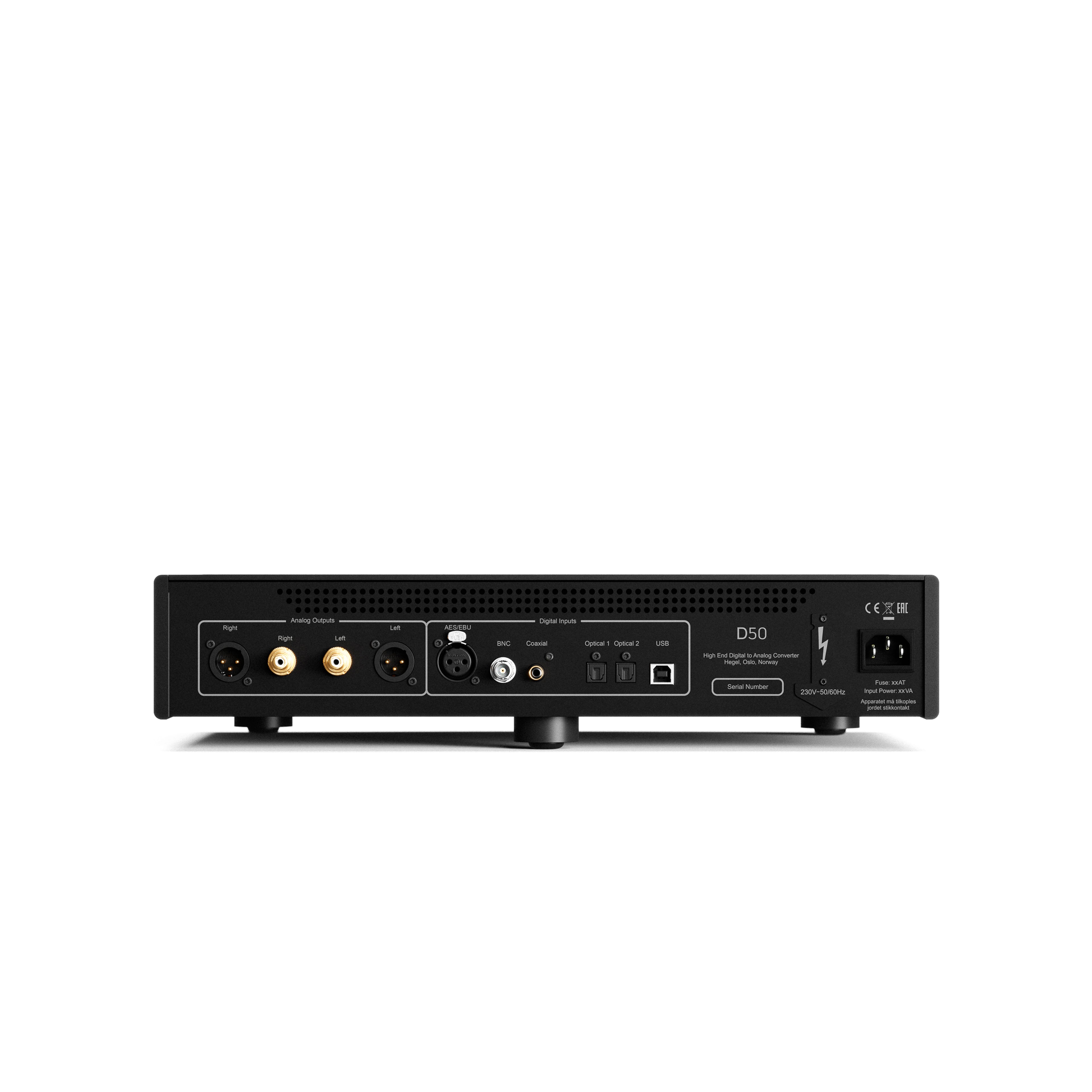 Back view of Hegel D50 DAC with various digital and analog connectors on a white background