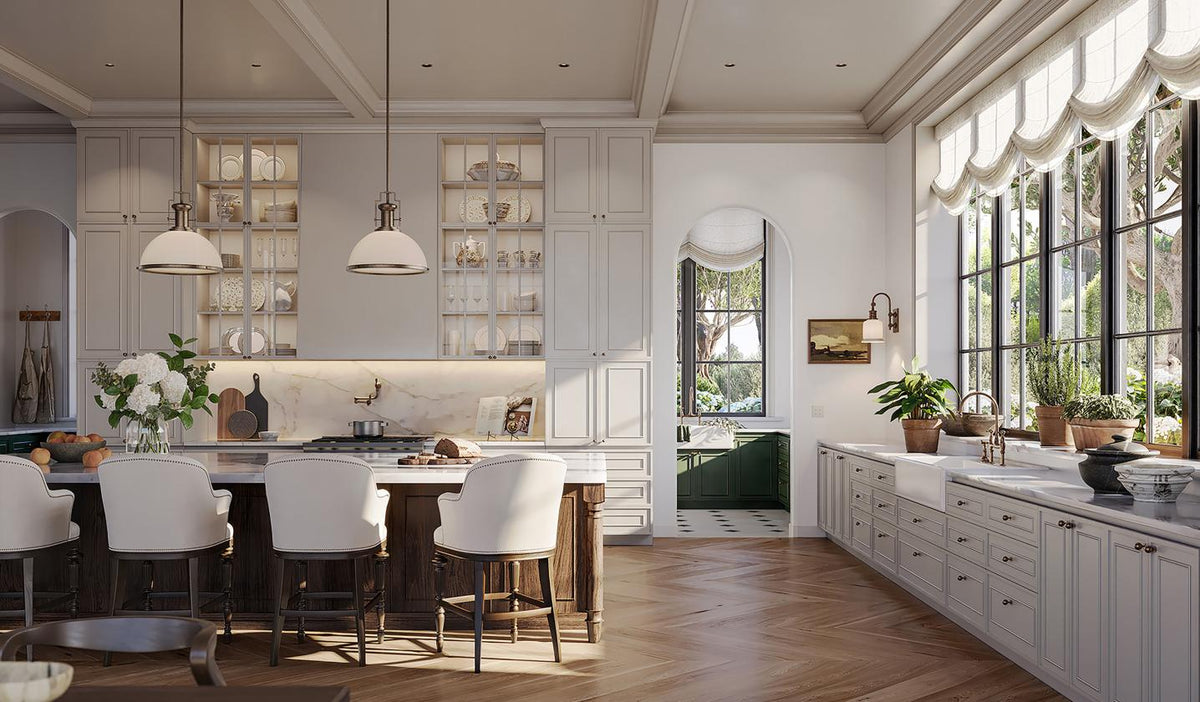 A bright, modern kitchen interior with white cabinetry, a central island with white bar stools, wood flooring, and large windows with white curtains.