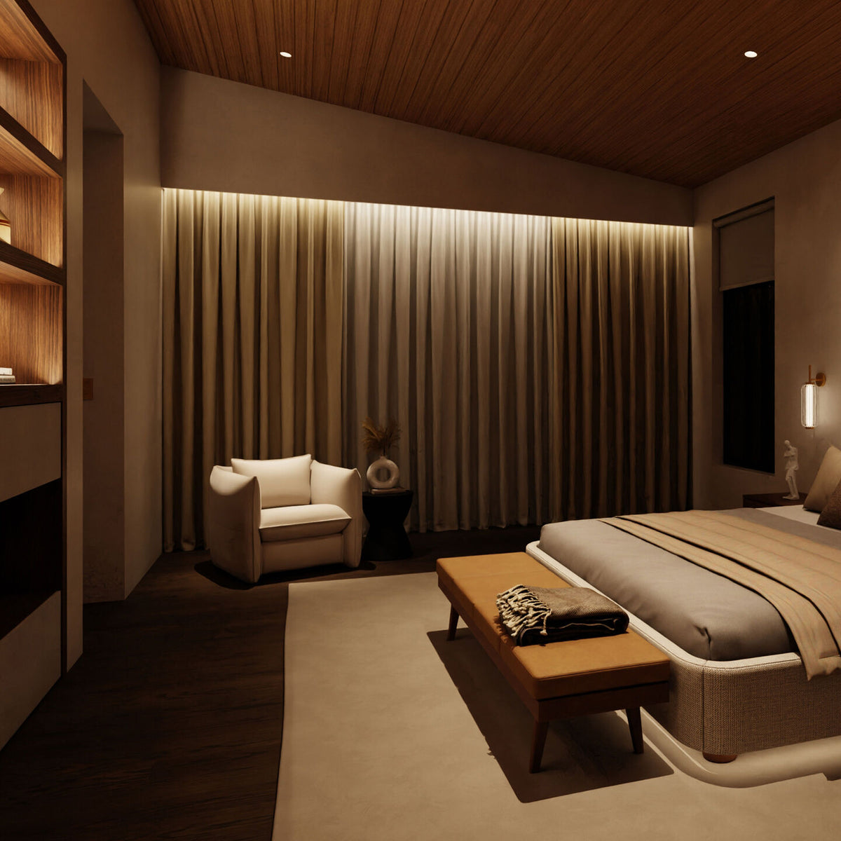 A modern bedroom interior with a large bed, upholstered armchair, wooden bench, warm wood ceiling, and floor-to-ceiling Lutron Sivoia drapery with integrated Lutron lighting.