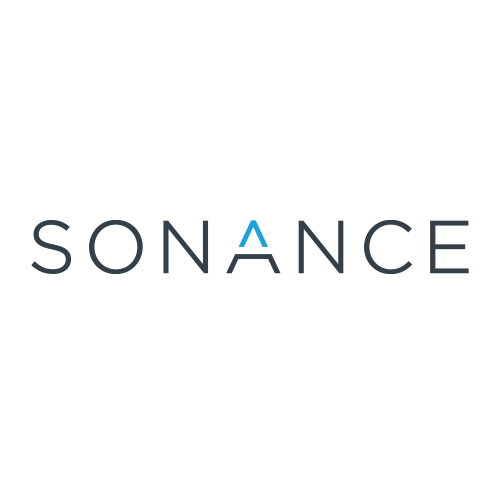 The logo for 'SONANCE' is displayed in a clean, sans-serif font. The letters are dark gray, with the letter 'A' stylized as a blue triangle pointing upwards, all set against a solid white background.