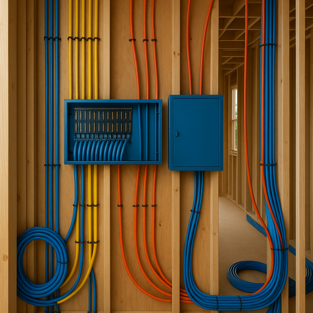 Blue electrical panel and junction boxes in a framed out custom home mounted on a wooden wall with neatly organized blue, yellow, and orange conduit cables in an unfinished room interior.