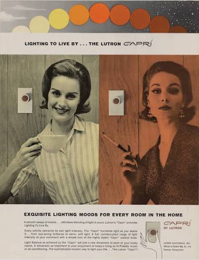 A vintage 1960s full page advertisement for Lutron Capri lighting, featuring one woman in two different scenes demonstrating the 'Green' light dimmer switch, with text and an product illustration at the bottom.