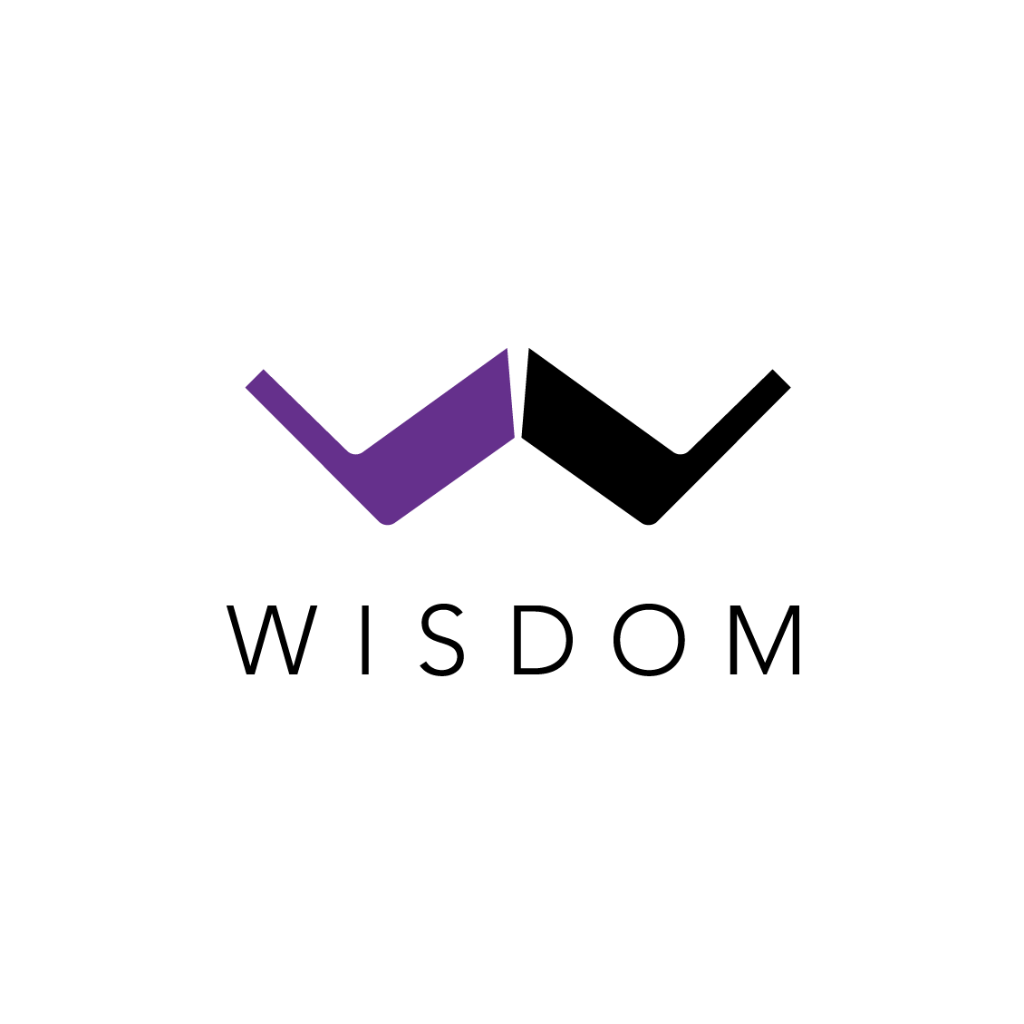 A minimalist logo featuring a stylized 'W' in purple and black above the word 'WISDOM' in black sans-serif text, centered on a plain white background.
